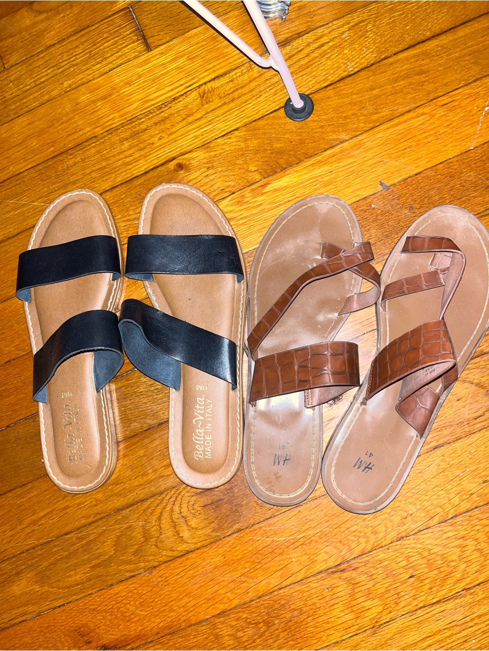 Black Double-Strap Slide Sandals & Brown Croc-Strap Sandals - Set